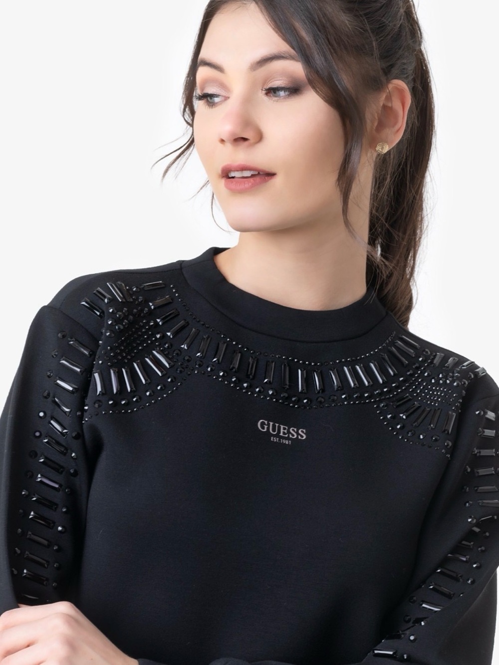 GUESS Black Jewel-Embellished Crewneck Sweatshirt